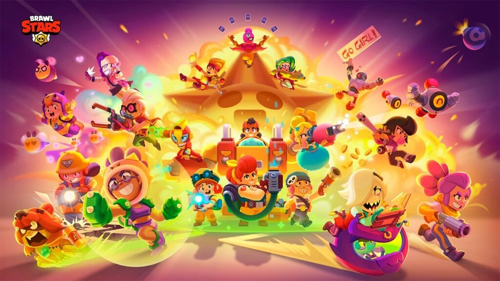 A imagem mostra diversos Brawlers reunidos em uma grande batalha repleta de ação, explosões e efeitos coloridos característicos de Brawl Stars. Os personagens aparecem utilizando diferentes armas e habilidades enquanto enfrentam robôs e inimigos em um cenário vibrante, transmitindo a intensidade, o ritmo acelerado e a diversidade de modos de jogo que fazem parte do universo de Brawl Stars