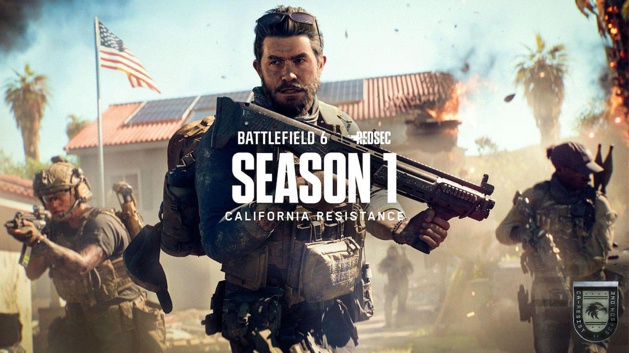A imagem mostra um grupo de soldados fortemente armados avançando por uma cidade em conflito no sul da Califórnia, cenário da Temporada 1 de Battlefield 6. Ao fundo, explosões, fumaça e edifícios danificados reforçam o clima de guerra intensa, enquanto o soldado em destaque lidera a operação equipado com armamento moderno e proteção tática, representando a ação, o realismo e a intensidade dos combates presentes na nova atualização do jogo.