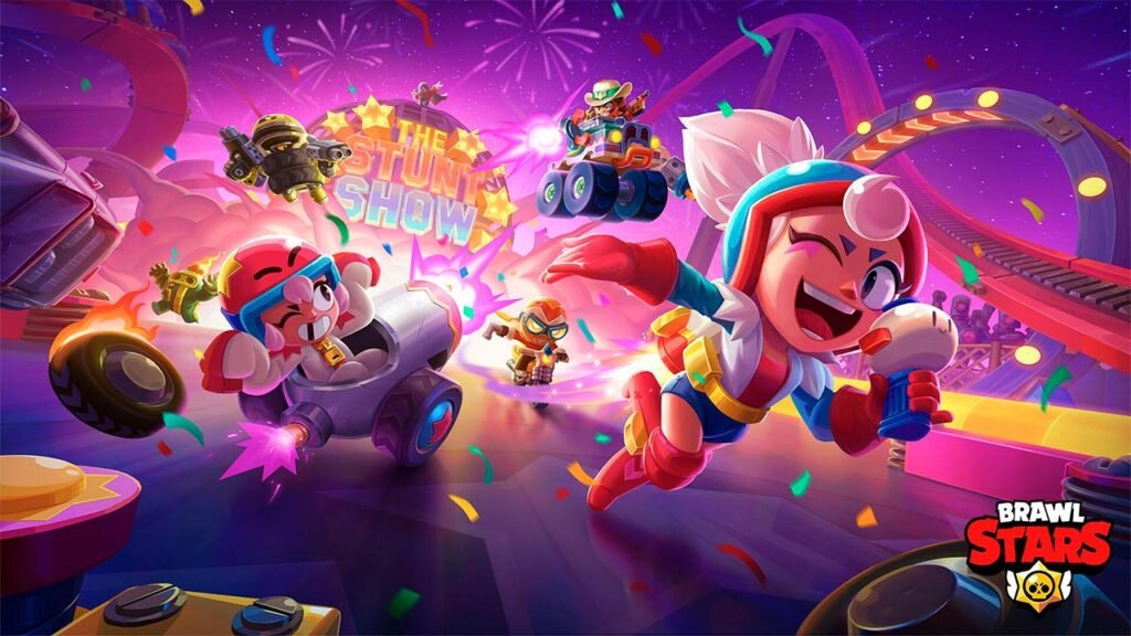 A imagem mostra uma intensa perseguição entre diversos Brawlers em um cenário inspirado em um parque de diversões, com montanhas-russas, fogos de artifício e confetes ao fundo. Os personagens aparecem utilizando suas habilidades e veículos especiais durante uma partida cheia de ação, transmitindo o clima divertido, acelerado e competitivo característico de Brawl Stars