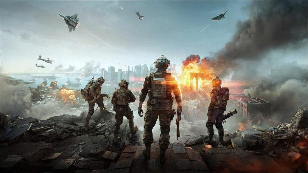 A imagem retrata um grupo de soldados observando uma enorme cidade devastada pela guerra, enquanto explosões, fumaça e incêndios dominam o horizonte. Aviões de combate e helicópteros sobrevoam o campo de batalha, reforçando a escala do conflito. O cenário transmite a intensidade, o realismo e a ação em larga escala característicos da franquia Battlefield, destacando operações militares modernas em um ambiente urbano completamente destruído.