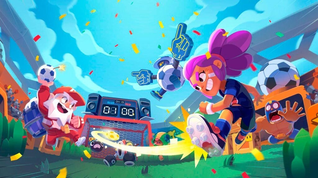 A imagem mostra uma partida do modo Fute-Brawl em Brawl Stars, onde diversos Brawlers disputam a posse da bola em uma arena inspirada em um estádio de futebol. Enquanto uma personagem tenta finalizar a jogada em direção ao gol, outros personagens e robôs participam da ação em meio a confetes, arquibancadas e efeitos coloridos, transmitindo toda a velocidade, diversão e competitividade desse popular modo de jogo.