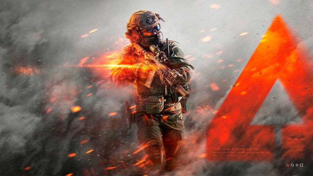 A imagem mostra um soldado das forças especiais equipado com armamento moderno, avançando em meio à fumaça, faíscas e explosões durante uma intensa operação militar. O cenário transmite um clima de guerra em larga escala, com efeitos visuais cinematográficos e iluminação dramática, destacando o realismo, a ação e a atmosfera tática características da franquia Battlefield.