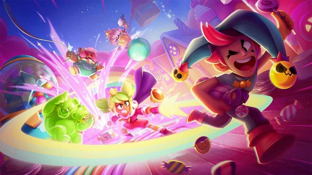 A imagem mostra diversos Brawlers participando de uma batalha caótica em um cenário colorido repleto de doces, brinquedos e efeitos explosivos. Enquanto alguns personagens atacam e outros tentam escapar dos confrontos, o ambiente transmite uma atmosfera divertida e acelerada, destacando a ação intensa, as habilidades especiais e o estilo vibrante que caracterizam Brawl Stars.