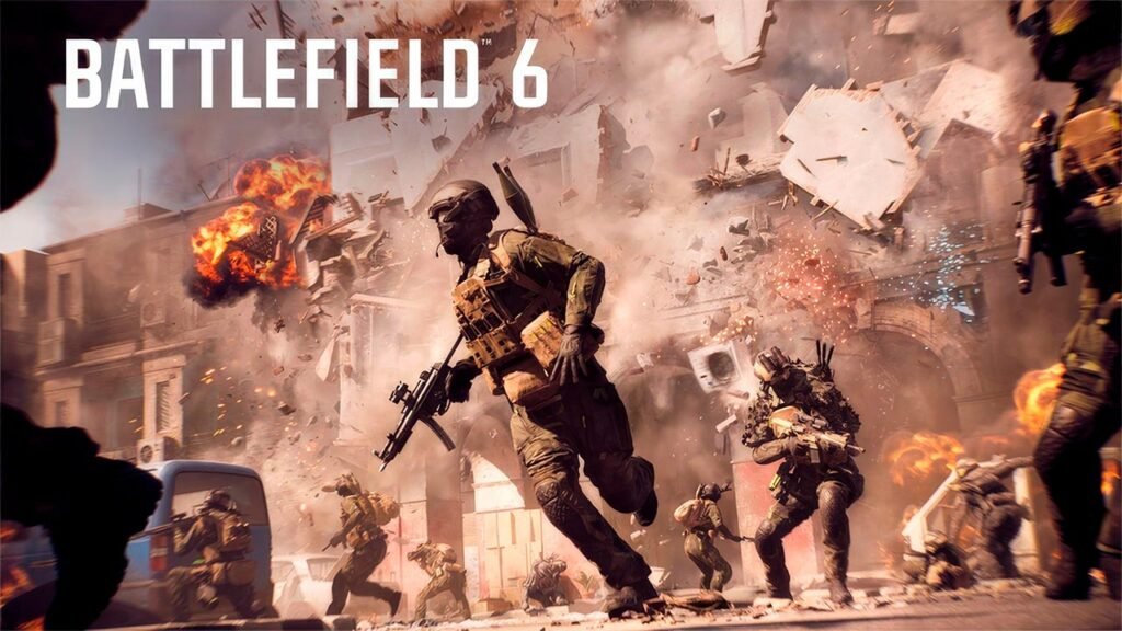 A imagem mostra uma intensa batalha urbana em Battlefield 6, com diversos soldados avançando entre prédios em colapso enquanto grandes explosões espalham destroços pelo cenário. Veículos destruídos, fumaça e fogo reforçam o clima de guerra em larga escala, destacando o realismo, a destruição dinâmica e a ação frenética que caracterizam os combates da franquia.