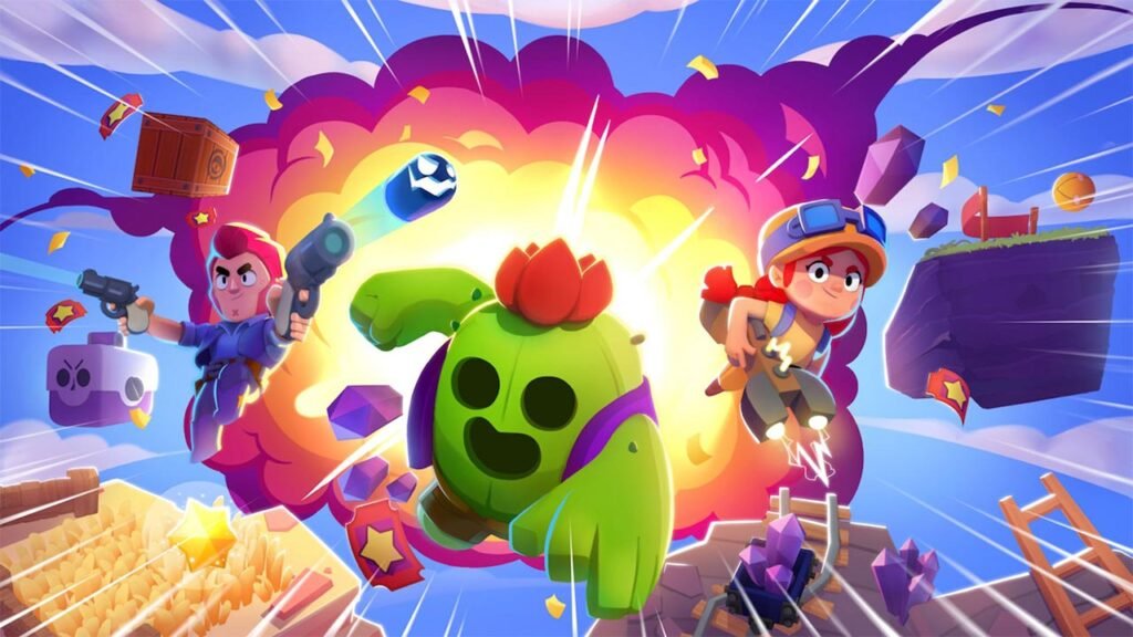A imagem mostra diversos Brawlers em uma partida cheia de ação, com uma grande explosão acontecendo ao fundo enquanto os personagens correm, atacam e desviam de obstáculos. No centro da cena, um simpático personagem em formato de cacto se destaca, cercado por efeitos coloridos, caixas, cristais e projéteis, representando o ritmo acelerado, a diversão e as batalhas intensas que fazem parte do universo de Brawl Stars.