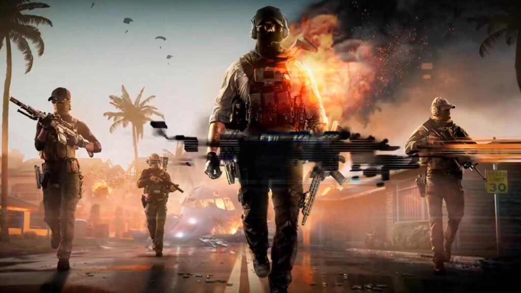 A imagem mostra um grupo de soldados fortemente armados caminhando por uma rua devastada em meio a explosões, veículos destruídos e prédios em chamas. O militar em destaque lidera a equipe enquanto fumaça, paraquedistas e efeitos de combate ao fundo reforçam a atmosfera intensa de guerra. O cenário transmite o realismo, a ação tática e os confrontos em larga escala característicos de Battlefield 6.