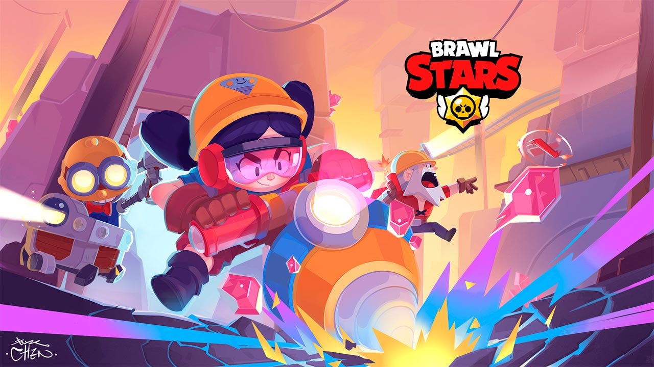 A imagem mostra diversos Brawlers explorando uma mina enquanto utilizam uma grande perfuratriz para abrir caminho entre rochas e cristais. O cenário industrial é repleto de máquinas, explosões e minerais brilhantes, transmitindo uma atmosfera de aventura e ação, onde os personagens enfrentam desafios em busca de recursos valiosos no universo de Brawl Stars.