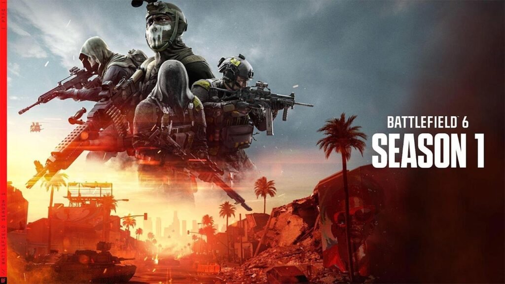 A imagem destaca a Temporada 1 de Battlefield 6, apresentando um grupo de operadores fortemente armados prontos para uma missão no sul da Califórnia. Ao fundo, a cidade aparece parcialmente destruída, com tanques, helicópteros, fumaça e palmeiras compondo um cenário de guerra moderna. A arte transmite a atmosfera tática, intensa e cinematográfica da nova temporada, evidenciando os combates em larga escala e os novos conteúdos adicionados ao jogo.
