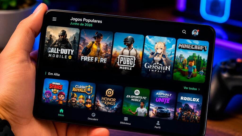 Pessoa segurando um smartphone que exibe uma seleção dos principais jogos mobile em alta de junho de 2026. A tela apresenta diversos títulos populares organizados em uma interface moderna e intuitiva, representando a diversidade e o crescimento do mercado de jogos para celular, com opções que vão desde Battle Royale e RPG até esportes, estratégia e mundo aberto