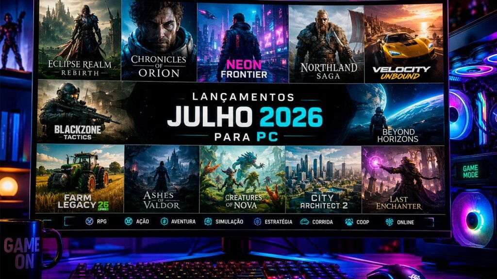 imagem exibindo diversos estilos de jogos para PC previstos para julho de 2026 em um monitor gamer com iluminação RGB, incluindo cenários de RPG, ação, corrida, estratégia e simulação em um setup de computador de alto desempenho