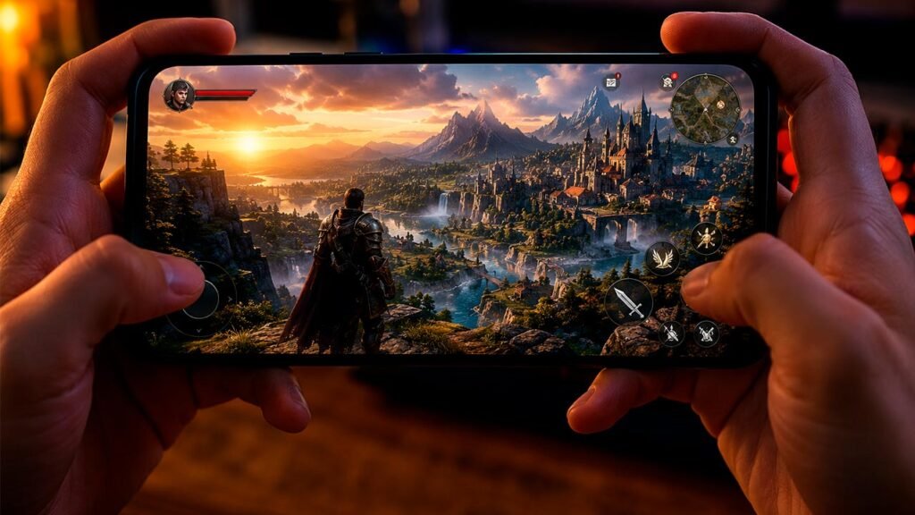 Jogador segurando um smartphone gamer enquanto explora um vasto mundo aberto de fantasia medieval. Na tela, é possível ver um cenário repleto de castelos imponentes, montanhas gigantes, rios cristalinos e um pôr do sol cinematográfico, destacando os gráficos avançados e a sensação de liberdade típica dos jogos de mundo aberto para dispositivos móveis