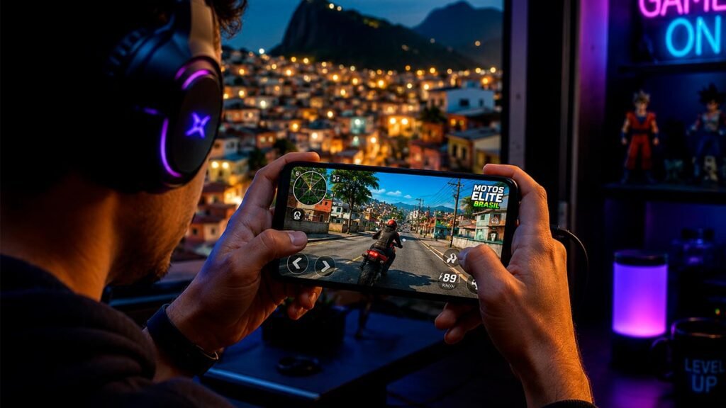 A imagem mostra uma pessoa utilizando um smartphone gamer moderno para jogar um jogo brasileiro de motocicletas em mundo aberto. Na tela do celular é possível observar uma cidade inspirada em cenários urbanos do Brasil, com ruas, casas e uma interface completa de jogo exibindo mapa, velocidade e controles virtuais. O ambiente ao redor possui um estilo gamer, com iluminação em tons de azul e roxo, headset RGB, decoração moderna e uma vista noturna de uma comunidade brasileira ao fundo, criando uma atmosfera imersiva e cinematográfica que destaca a evolução dos jogos brasileiros para dispositivos móveis