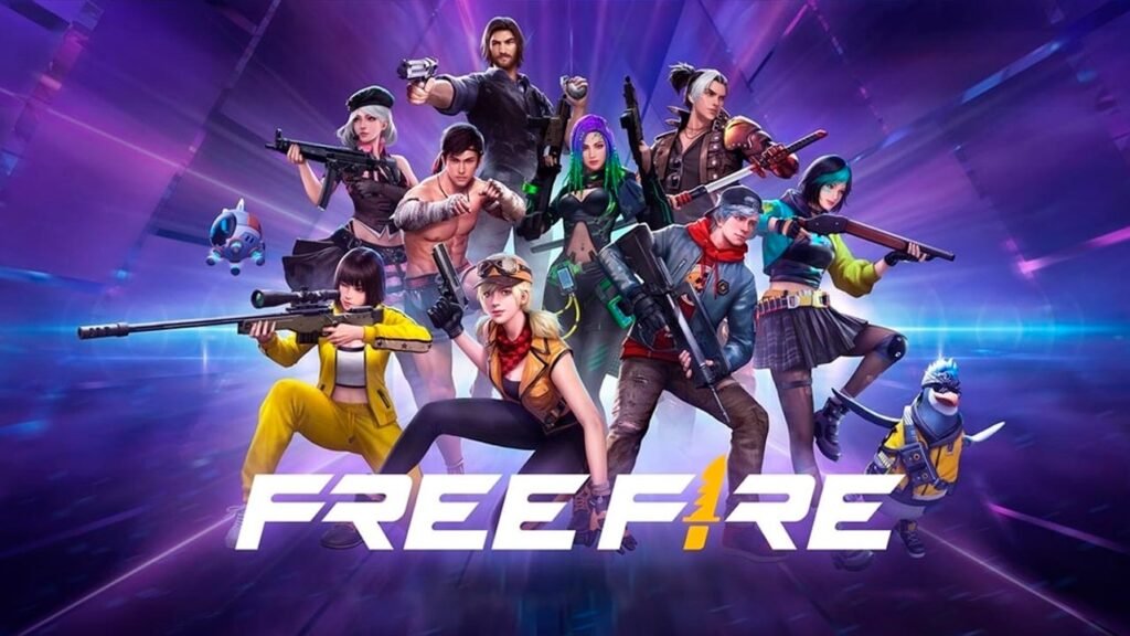 A imagem apresenta vários personagens do Free Fire reunidos em uma arte promocional com armas, pets e um cenário futurista em tons de roxo e azul. Na parte inferior, o logotipo do jogo aparece em destaque, reforçando a identidade visual de um dos Battle Royale mobile mais populares do mundo