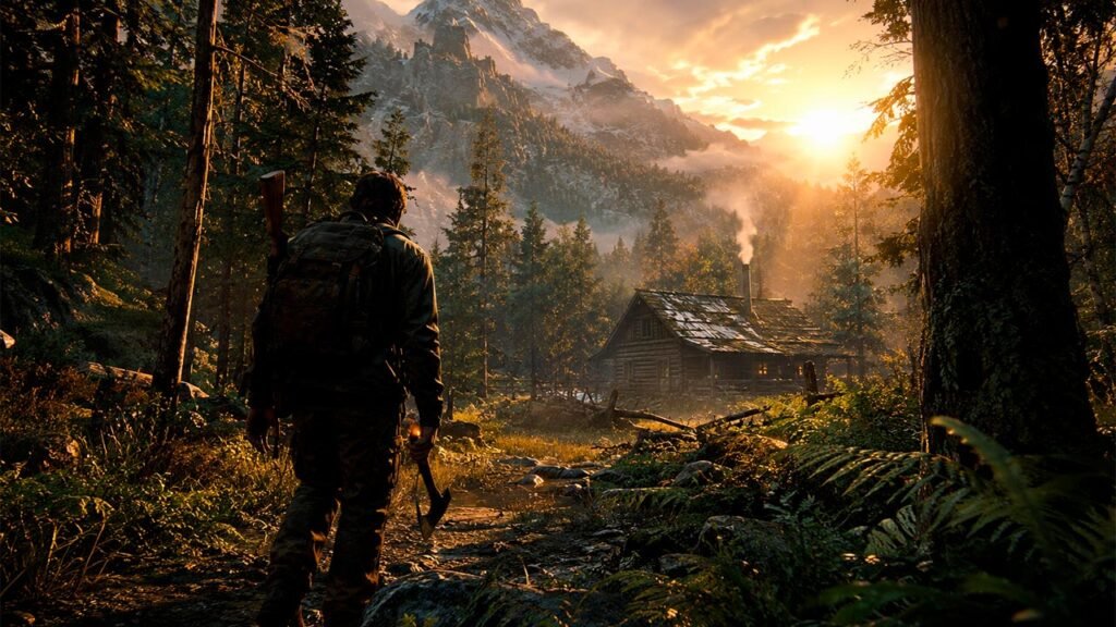 A imagem retrata um sobrevivente caminhando por uma densa floresta ao pôr do sol, carregando uma mochila e um machado enquanto segue em direção a uma cabana de madeira ao pé de uma imponente montanha. A iluminação cinematográfica, a vegetação detalhada e a névoa entre as árvores criam uma atmosfera realista de sobrevivência, transmitindo a sensação de exploração, aventura e desafios em um ambiente selvagem