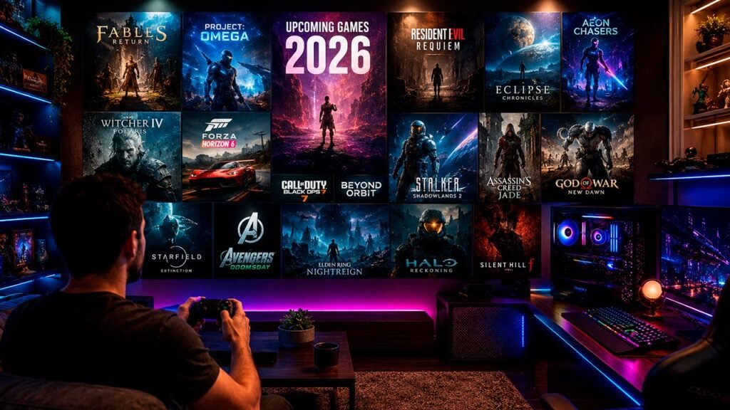 A imagem mostra um jogador segurando um controle em um moderno setup gamer, observando uma parede repleta de pôsteres de grandes lançamentos de jogos previstos para 2026. O ambiente conta com iluminação RGB, um computador de alto desempenho e uma decoração voltada ao universo dos games, transmitindo a expectativa e a empolgação pelos próximos títulos que chegarão ao mercado