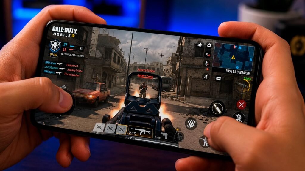 Uma pessoa segurando um smartphone na horizontal enquanto participa de uma partida intensa de Call of Duty: Mobile. A tela exibe um combate em primeira pessoa com gráficos detalhados, HUD completo e ação em tempo real, destacando a evolução dos jogos mobile e a experiência imersiva que os smartphones atuais são capazes de oferecer