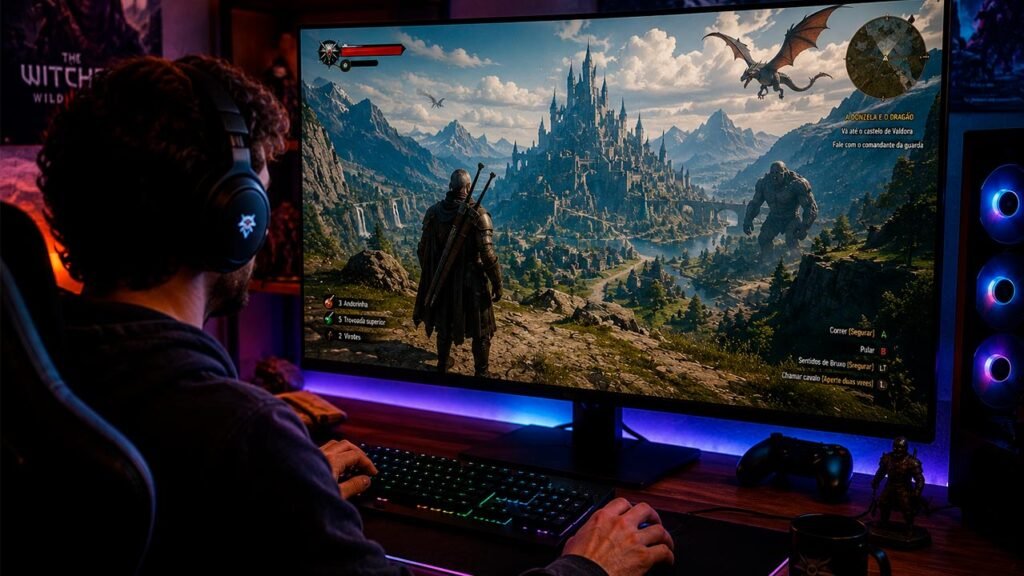Jogador utilizando um computador gamer enquanto explora um vasto mundo aberto de fantasia medieval, com um personagem diante de castelos imponentes, montanhas majestosas e criaturas gigantes, proporcionando uma experiência visual épica e altamente imersiva