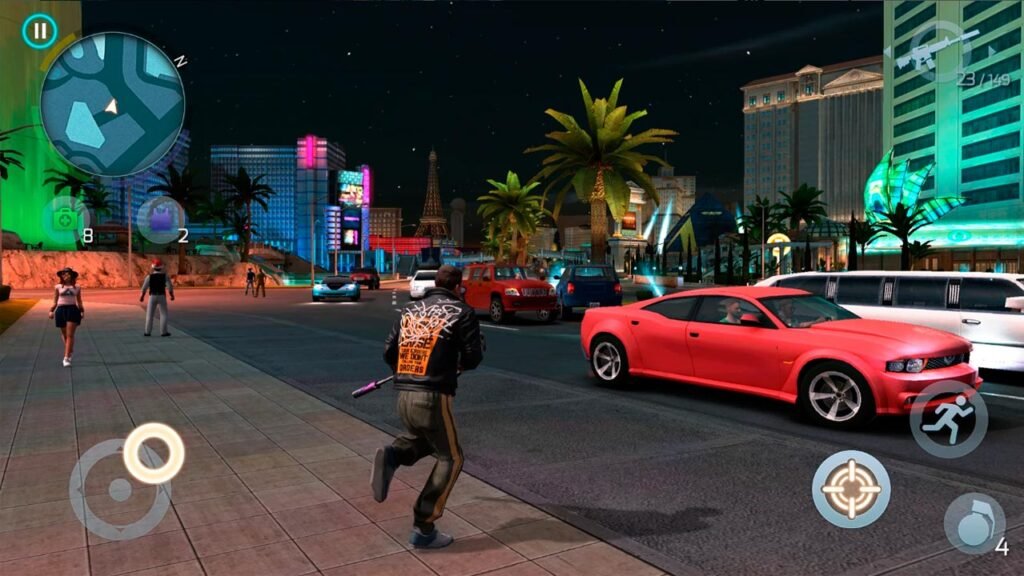 Personagem explorando uma grande cidade em mundo aberto durante a noite, cercado por avenidas movimentadas, carros esportivos, pedestres e edifícios iluminados por letreiros coloridos. O cenário urbano detalhado, combinado com a interface do jogo na tela, transmite uma experiência repleta de ação, exploração livre e missões em um ambiente inspirado nas grandes metrópoles modernas