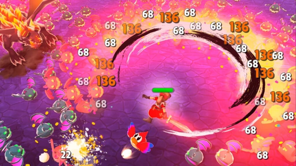A imagem mostra um herói enfrentando uma enorme horda de monstros em um jogo de ação, utilizando um poderoso ataque em área enquanto números de dano aparecem por toda a tela. O cenário de fantasia, os efeitos visuais vibrantes e a presença de um dragão tornam o combate ainda mais intenso e emocionante