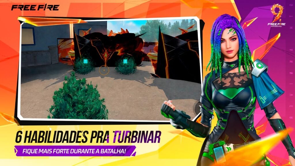 A imagem destaca uma personagem do Free Fire ao lado de uma cena de gameplay, apresentando dicas de habilidades para melhorar o desempenho nas batalhas. O visual colorido e moderno reforça a ação do jogo, enquanto o texto em destaque incentiva os jogadores a ficarem mais fortes durante as partidas