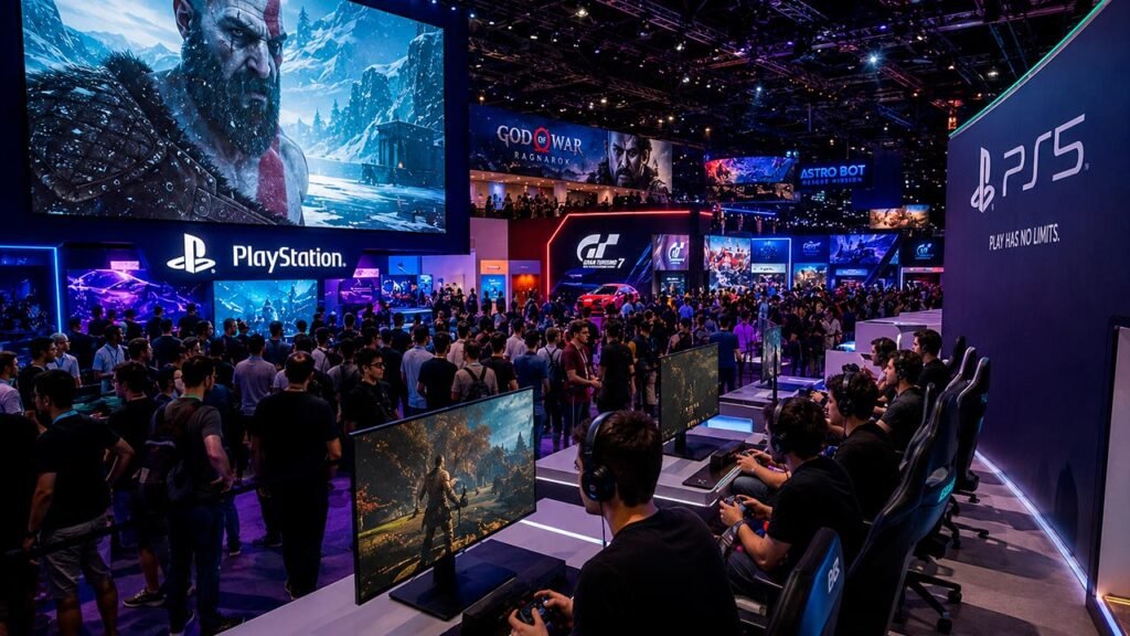 A imagem retrata uma grande feira de games em 2026, com centenas de visitantes testando jogos em consoles de última geração. O ambiente é composto por enormes telões exibindo trailers cinematográficos, estandes modernos e iluminação vibrante, transmitindo a atmosfera de um dos maiores eventos da indústria dos videogames, onde jogadores experimentam os principais lançamentos do ano