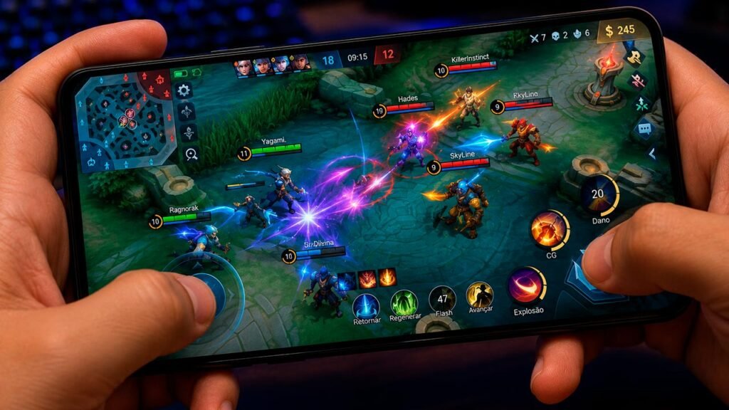 Pessoa segurando um smartphone durante uma intensa partida de MOBA, com diversos heróis enfrentando-se em uma arena detalhada. A tela exibe combates em equipe, habilidades com efeitos visuais vibrantes, minimapa e interface estratégica, ilustrando a ação dinâmica e a competitividade dos jogos multiplayer para celular em 2026.