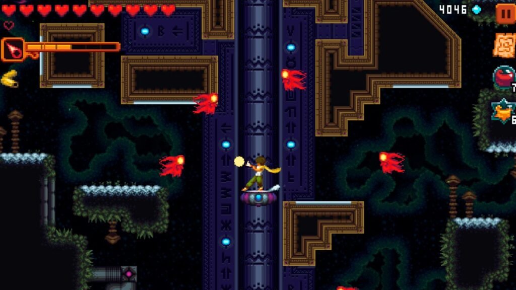 A imagem mostra um jogo de plataforma em estilo pixel art, no qual o personagem enfrenta inimigos enquanto explora um cenário futurista repleto de obstáculos e plataformas. Os gráficos retrô, a interface clássica e a atmosfera de ficção científica criam uma experiência de ação e aventura envolvente