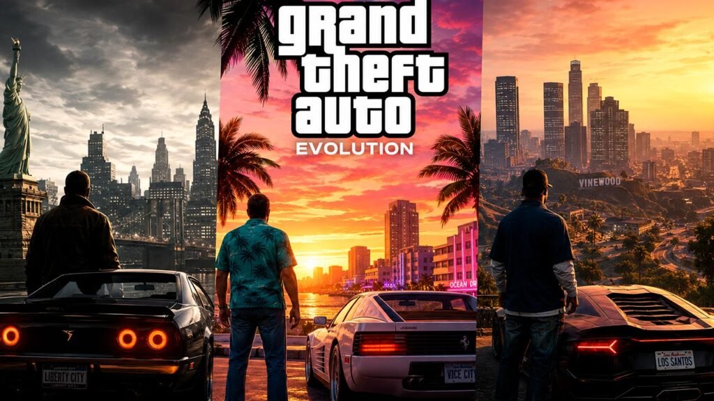 A imagem apresenta uma colagem moderna que retrata a evolução da franquia Grand Theft Auto, destacando cidades inspiradas em Liberty City, Vice City e Los Santos. Cada cenário mostra um personagem visto de costas ao lado de um carro esportivo, tendo ao fundo paisagens urbanas marcantes iluminadas pelo pôr do sol.