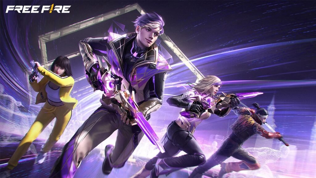 A imagem mostra personagens do Free Fire correndo em um cenário futurista com efeitos luminosos em tons de roxo. Os personagens aparecem equipados com armas de visual tecnológico, transmitindo ação, velocidade e a atmosfera intensa das partidas do jogo.