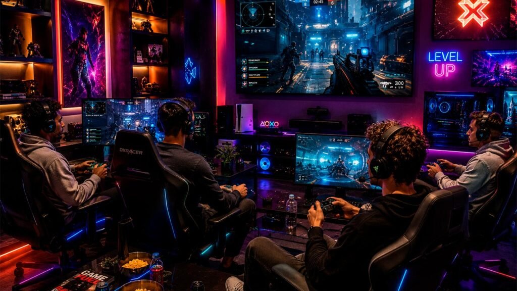 A imagem mostra um grupo de amigos jogando juntos em computadores gamers e consoles de última geração em uma sala moderna com iluminação RGB. Todos utilizam headsets e estão concentrados na mesma partida online, enquanto grandes monitores exibem um jogo de ação futurista, transmitindo um ambiente de cooperação, competição e muita imersão no universo dos games