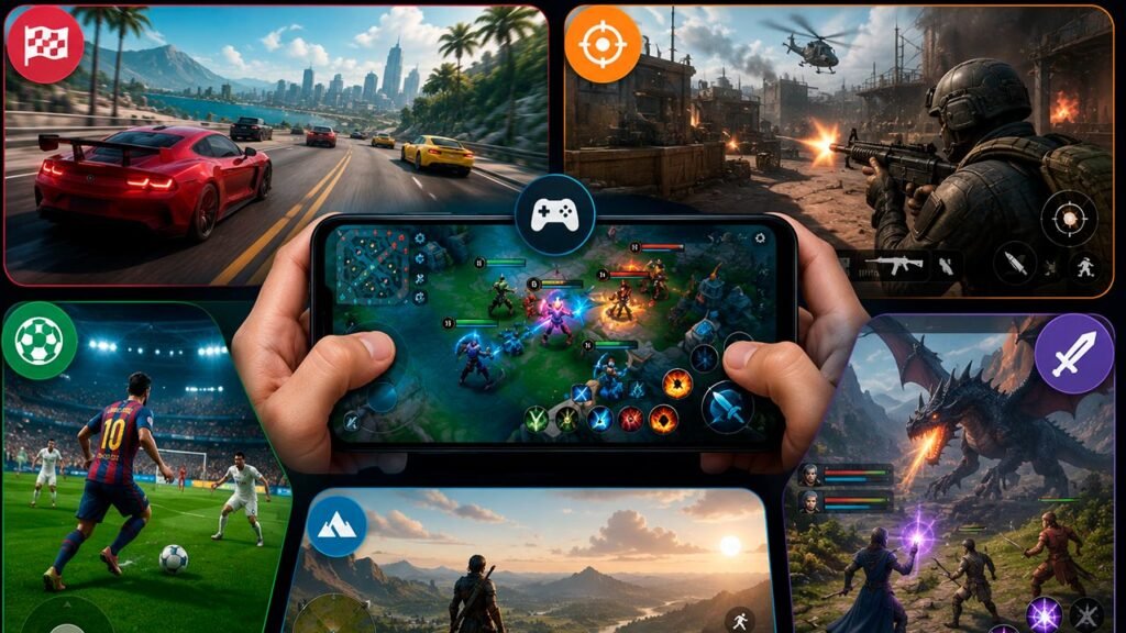 Colagem destacando diferentes estilos de jogos para celular, incluindo corrida, tiro, RPG, futebol e mundo aberto. No centro, uma pessoa segura um smartphone exibindo uma partida em andamento, enquanto ao redor são apresentados cenários representativos de cada gênero, ilustrando a diversidade e a evolução dos jogos mobile em 2026