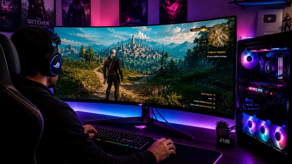 Uma Pessoa jogando em um computador gamer moderno equipado com monitor ultrawide e iluminação RGB, enquanto explora um jogo de última geração com gráficos impressionantes, cenários detalhados e uma experiência altamente imersiva