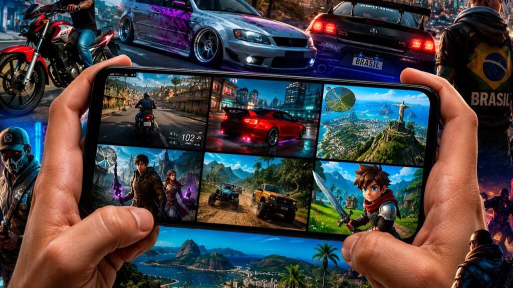 A imagem mostra uma colagem moderna de jogos brasileiros para celular, exibidos em um smartphone gamer. Na tela aparecem cenas de corrida, motos, carros personalizados, personagens de RPG e mapas inspirados no Brasil. O visual tem iluminação cinematográfica, cores vibrantes e transmite a variedade dos games nacionais disponíveis para mobile