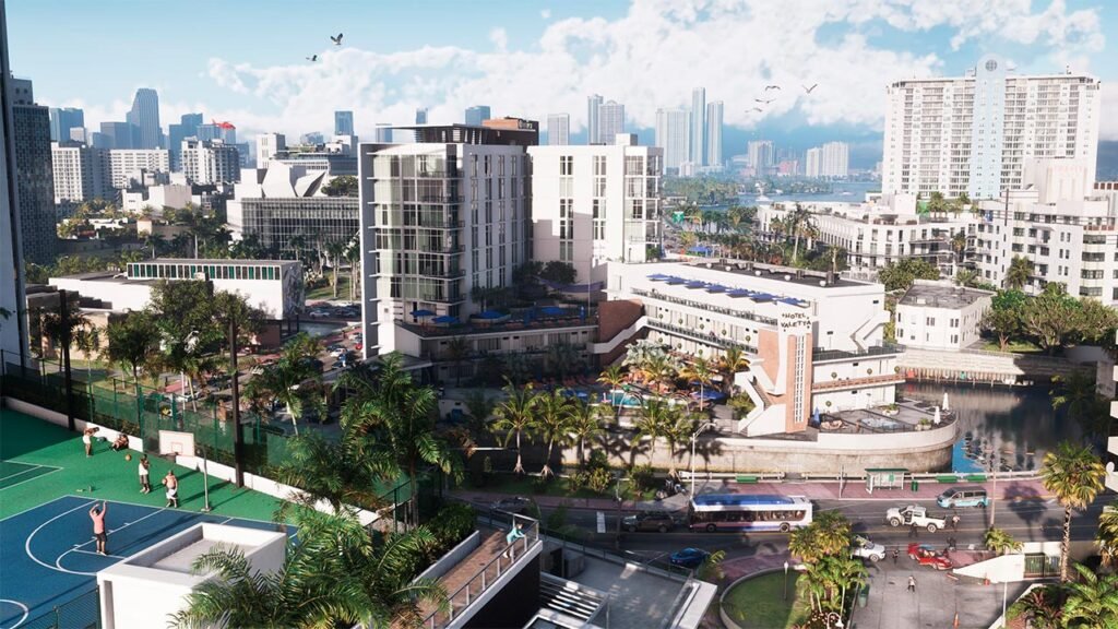 A imagem mostra uma ampla vista de uma cidade inspirada em Vice City, cenário de Grand Theft Auto VI (GTA 6). O ambiente reúne arranha-céus modernos, hotéis de luxo, ruas movimentadas, canais, palmeiras e áreas de lazer, transmitindo uma atmosfera tropical e vibrante. Os gráficos altamente detalhados e a iluminação natural destacam o realismo e a riqueza visual do novo mundo aberto da franquia