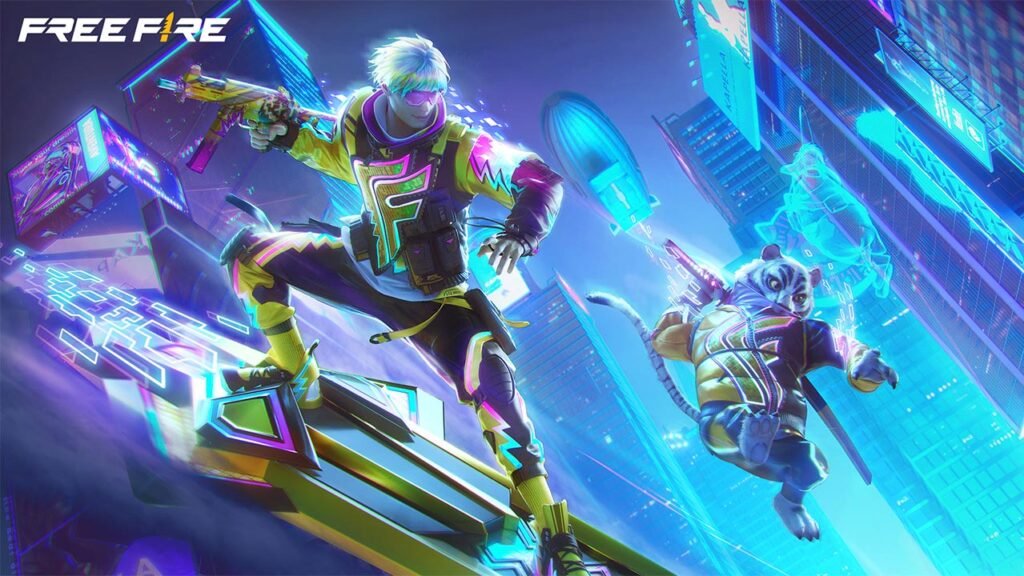 A imagem mostra um personagem do Free Fire deslizando por um cenário futurista iluminado por luzes em neon, acompanhado de um pet com visual tecnológico. O ambiente transmite velocidade, ação e um estilo cyberpunk, destacando o visual moderno e dinâmico característico do jogo.