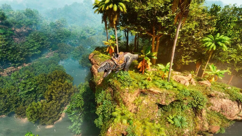 A imagem mostra um aventureiro montado em um dinossauro explorando uma exuberante floresta tropical do alto de um penhasco. Cercado por rios, árvores gigantes e vegetação densa, o cenário transmite uma forte sensação de exploração, liberdade e sobrevivência em um mundo pré-histórico repleto de paisagens impressionantes e criaturas gigantes