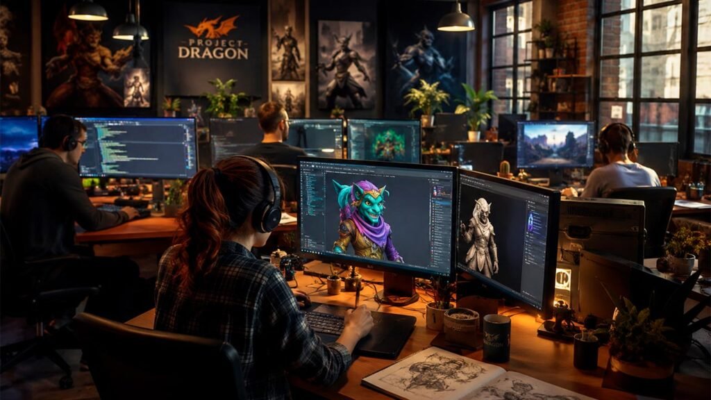 A imagem mostra um estúdio moderno de desenvolvimento de jogos independentes, com programadores e artistas digitais criando personagens e projetos em vários monitores. O ambiente é aconchegante, bem iluminado e transmite criatividade, colaboração e inovação