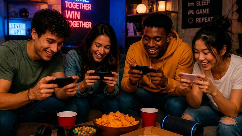 Grupo de amigos reunidos em um ambiente descontraído, cada um segurando um smartphone enquanto jogam juntos e interagem de forma divertida. A cena destaca o lado social dos jogos mobile, mostrando como eles aproximam pessoas por meio de partidas multiplayer, cooperação e momentos de entretenimento compartilhado