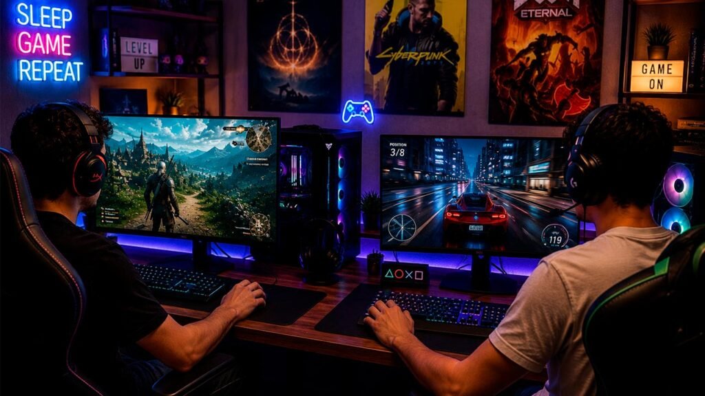 Dois jogadores utilizam computadores gamers em um ambiente moderno com iluminação RGB, cada um explorando um jogo diferente em monitores de alta resolução, destacando a diversidade de experiências e a imersão proporcionada pelos jogos para PC