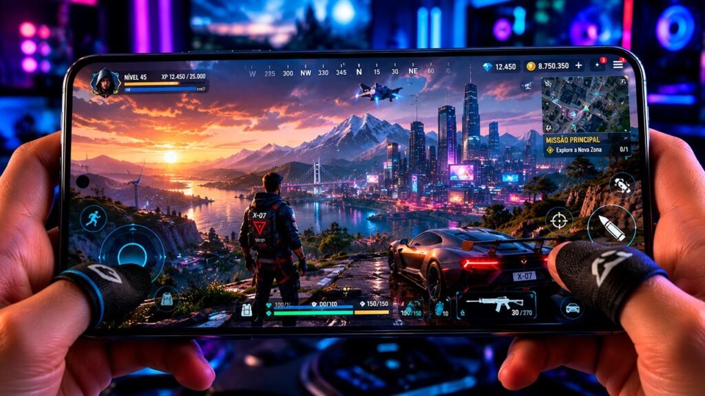 Smartphone futurista exibindo um impressionante jogo de mundo aberto com gráficos de última geração. Na tela, um personagem contempla uma vasta paisagem que combina uma cidade moderna repleta de arranha-céus, montanhas ao fundo, rios, cachoeiras e tecnologia avançada, tudo iluminado por efeitos cinematográficos. O ambiente gamer com iluminação RGB reforça a sensação de inovação e demonstra o nível de qualidade visual que os jogos mobile podem alcançar nas próximas gerações