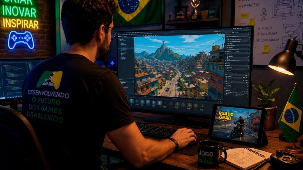 A imagem mostra um estúdio brasileiro de desenvolvimento de jogos, onde um programador trabalha na criação de um jogo mobile em um computador moderno. Na tela é exibido um mapa inspirado em cidades brasileiras, enquanto o ambiente conta com decoração gamer, iluminação cinematográfica e elementos que representam a criatividade e a tecnologia da indústria nacional de games