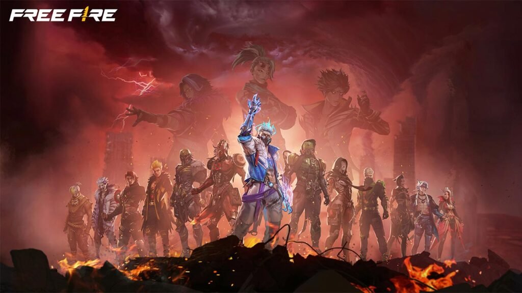 A imagem reúne diversos personagens icônicos do Free Fire em um cenário de batalha com fogo, fumaça e céu avermelhado. O personagem central aparece em destaque, cercado por outros heróis do jogo, transmitindo uma atmosfera épica que representa a união dos personagens e a intensidade das batalhas no universo de Free Fire.