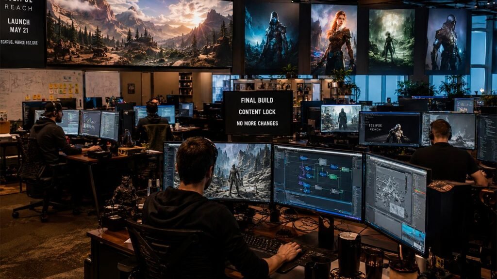 A imagem mostra um estúdio AAA de desenvolvimento de jogos, com desenvolvedores finalizando um grande projeto antes do lançamento. Os monitores exibem gráficos cinematográficos, personagens, mapas de mundo aberto e ferramentas de criação, enquanto o ambiente moderno e a iluminação dramática destacam a tecnologia e a produção de jogos de última geração