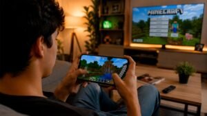 Pessoa sentada confortavelmente no sofá da sala enquanto joga Minecraft em um smartphone. A tela exibe um cenário característico do jogo, com blocos, árvores e montanhas, enquanto o ambiente aconchegante da sala, com iluminação suave e decoração moderna, transmite uma atmosfera relaxante e destaca como é possível aproveitar aventuras de mundo aberto diretamente no celular