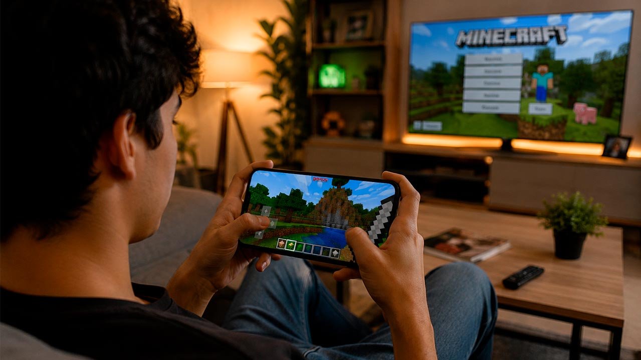 Pessoa sentada confortavelmente no sofá da sala enquanto joga Minecraft em um smartphone. A tela exibe um cenário característico do jogo, com blocos, árvores e montanhas, enquanto o ambiente aconchegante da sala, com iluminação suave e decoração moderna, transmite uma atmosfera relaxante e destaca como é possível aproveitar aventuras de mundo aberto diretamente no celular