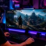 Pessoa jogando um título moderno em um computador gamer de alto desempenho, com monitor de alta resolução e ambiente iluminado por luzes RGB, criando uma atmosfera imersiva que destaca a qualidade gráfica e a experiência dos jogos atuais para PC