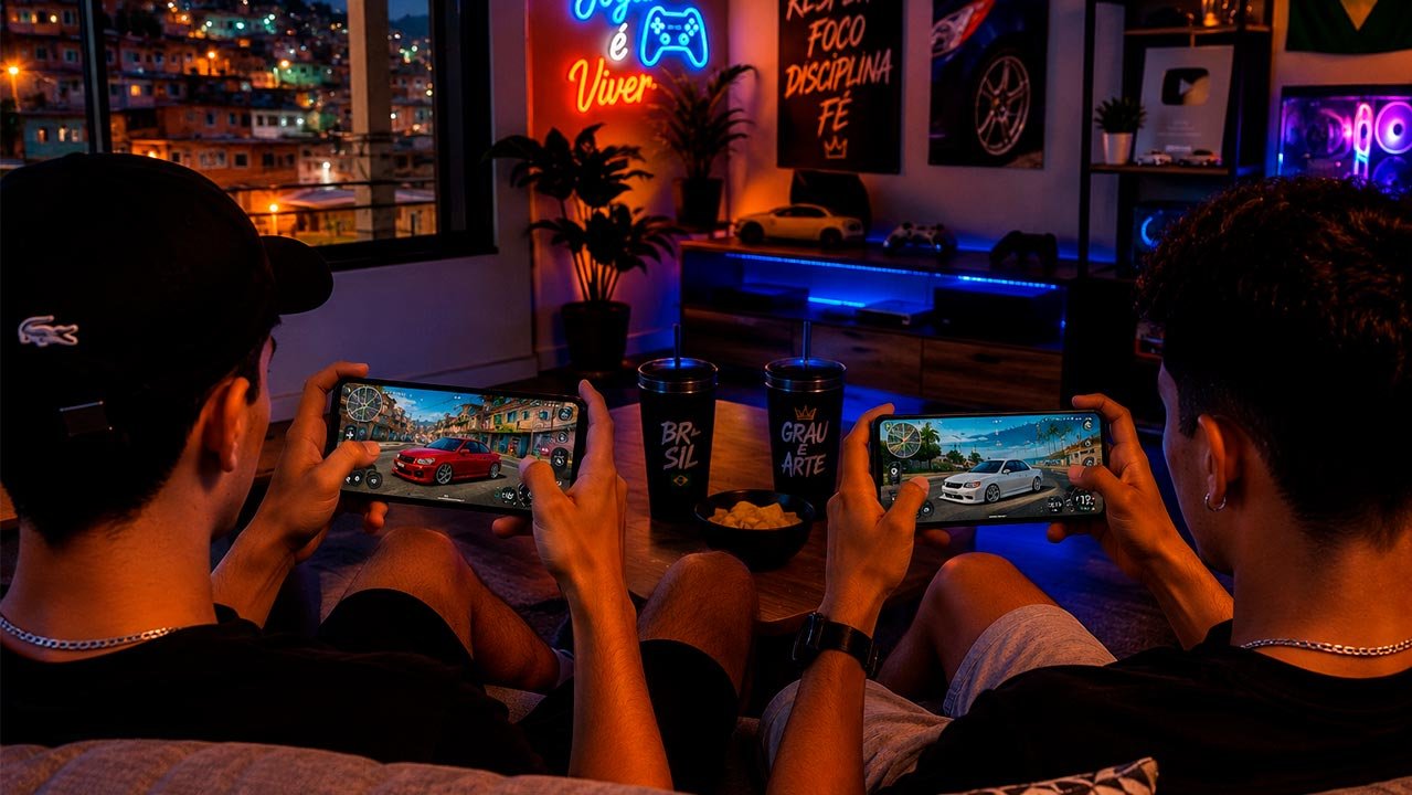 A imagem mostra duas pessoas sentadas em um sofá jogando um jogo multiplayer de carros rebaixados em seus smartphones. Cada celular exibe um carro personalizado em um mapa urbano inspirado no Brasil, enquanto o ambiente gamer conta com iluminação RGB, decoração moderna e uma vista noturna, transmitindo uma atmosfera descontraída e imersiva para partidas online entre amigos