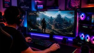 Pessoa jogando um título moderno em um computador gamer de alto desempenho, com monitor de alta resolução e ambiente iluminado por luzes RGB, criando uma atmosfera imersiva que destaca a qualidade gráfica e a experiência dos jogos atuais para PC