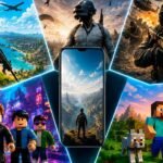Mosaico ilustrando alguns dos jogos para celular mais populares de junho de 2026. A composição reúne cenários inspirados em jogos de Battle Royale, tiro, construção em blocos e criação de mundos, com um smartphone ao centro simbolizando a diversidade e a evolução dos games mobile. O visual limpo e moderno destaca diferentes estilos de gameplay sem elementos textuais, representando a ampla variedade de experiências disponíveis para os jogadores