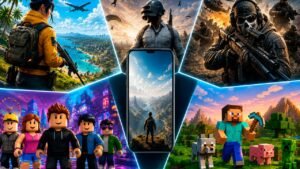 Mosaico ilustrando alguns dos jogos para celular mais populares de junho de 2026. A composição reúne cenários inspirados em jogos de Battle Royale, tiro, construção em blocos e criação de mundos, com um smartphone ao centro simbolizando a diversidade e a evolução dos games mobile. O visual limpo e moderno destaca diferentes estilos de gameplay sem elementos textuais, representando a ampla variedade de experiências disponíveis para os jogadores